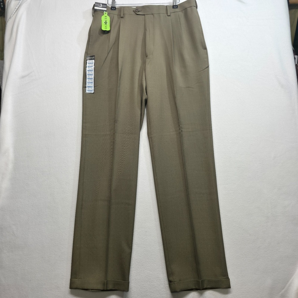 Haggar Men's Brown Pleated No Iron Stretch E-Clo Dress Pants Size 35X34 NWT